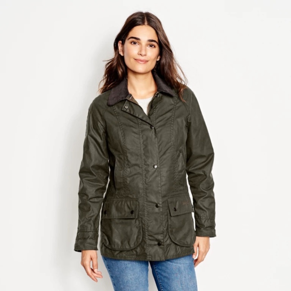 VINTAGE Beadnell Barbour Waxed Cotton Jacket Women’s Sz 10 EU 14 in color: OLIVE